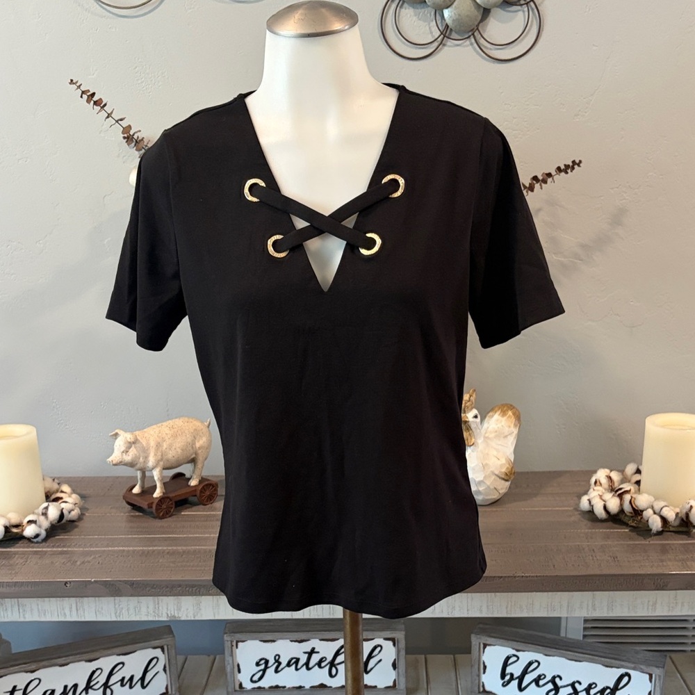 MICHAEL Michael Kors Black Short Sleeve V-Neck Top with Gold Eyelets